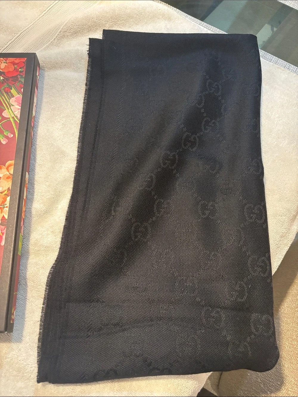 Gucci Black Monogram Silk-Wool Blend Logo Scarf
